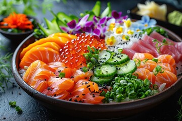 colorful chirashi sushi bowl with fresh sashimi and vibrant garnishes
