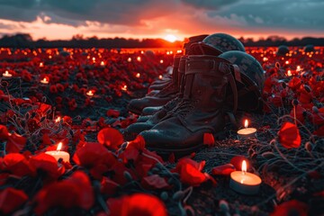 memorial day, battlefield memory with combat boots among red poppies and candlelight - obrazy, fototapety, plakaty