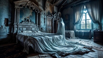 A decaying bedroom with a large bed, a window with curtains, and a ghostly figure standing at the foot of the bed.