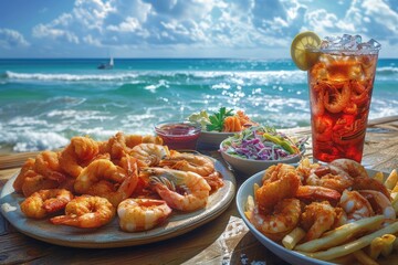 beachfront dining experience with fried seafood platter and iced tea - obrazy, fototapety, plakaty