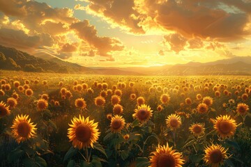 breathtaking sunflower field at sunset with golden light and dramatic sky