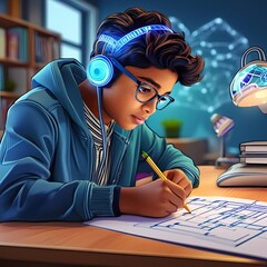 Young Boy Wearing Headphones Writing on Piece of Paper. Generative AI