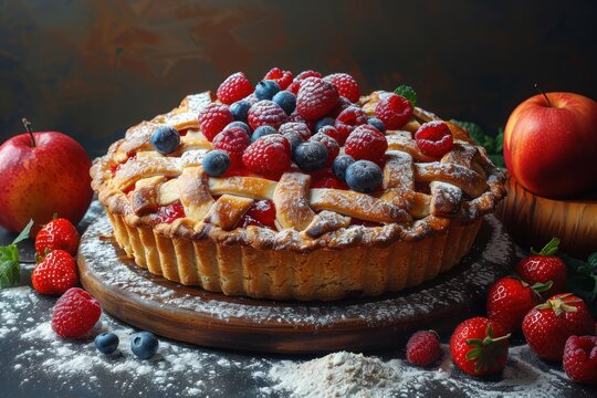 rustic apple pie topped with fresh berries and powdered sugar on dark background