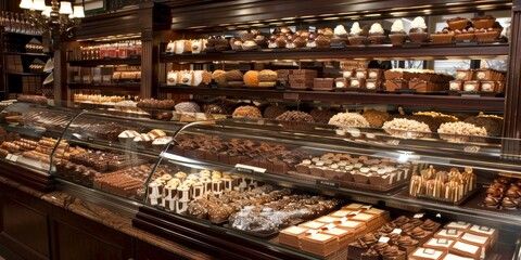 Beautiful array of assorted chocolates in luxurious shop display, evoking indulgent celebrations and gourmet decadence, rich brown hues dominate.