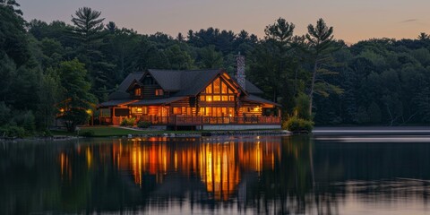 Obraz premium Stunning lakeside retreat illuminated at dusk reflecting golden hues on calm waters, symbolizing peaceful isolation and nature-inspired getaways.