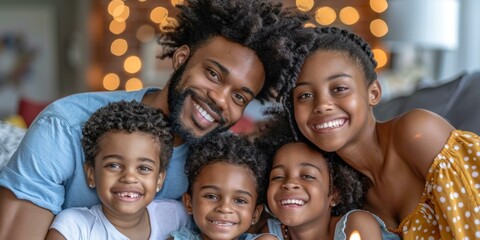 Fototapeta premium Charming family of five enjoys cozy holiday moments together, glowing smiles, festive twinkling lights backdrop, capturing joyous family holiday memories.