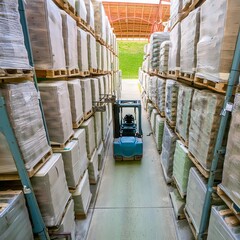 Forklift Moving Through Warehouse Filled With Boxes. Generative AI