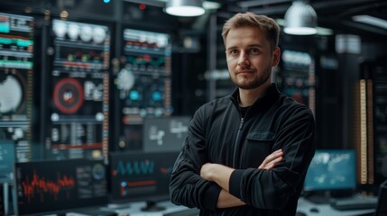 Confident young man standing in high-tech monitoring room, exuding professionalism and readiness in modern workspace, deep blue and black tones dominate.