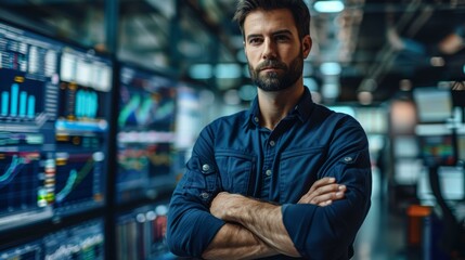 Confident man in navy blue shirt standing in front of multiple data-monitoring screens in a high-tech work environment.