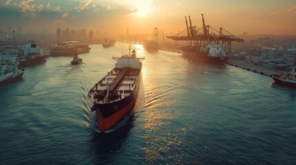 Stunning cargo ship entering bustling port at dawn, vital global trade scene, business logistics theme, warm golden light, no people.