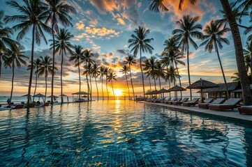 Beautiful Silhouette palm tree around swimming pool in hotel resort with coconut palm tree at sunset times - obrazy, fototapety, plakaty