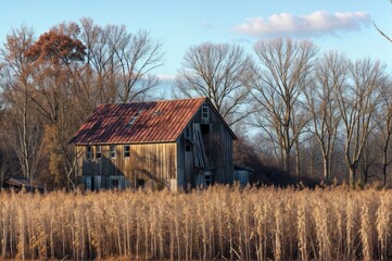 Abandoned barn on the edge of a field in autumn.