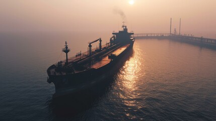 Majestic cargo ship sailing at sunset near ocean oil terminal, emitting smoke under hazy sky, reflecting globalization themes. Copy space.