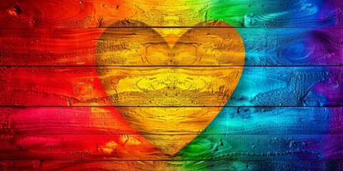 Colorful wooden planks painted in rainbow hues with heart symbol, celebrating Pride, love diversity.
