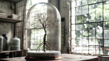 Elegant miniature tree showcased in glass dome on rustic table, with soft natural light filtering through large windows, hinting at themes of preservation and nature. Copy space.