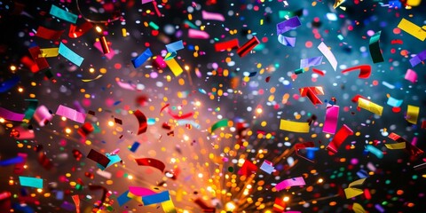 Vibrant explosion of multicolored confetti in dynamic celebration, evoking festival joy and party atmosphere, ideal for festive events and jubilant occasions.