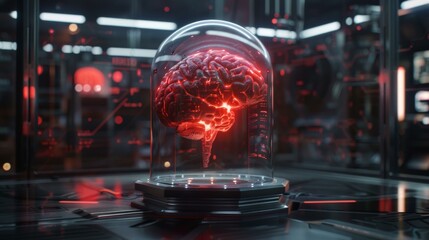 Glowing digital brain in futuristic lab highlights innovative technology and artificial intelligence research, evoking thoughts of sci-fi movies and technological advancement.