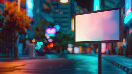 blank billboard on urban street at night with colorful neon lights for advertising