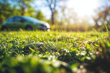 Green grass and car in the park, shallow depth of field.