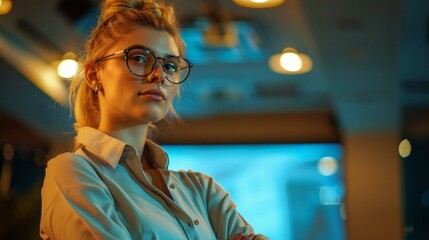 Captivating young Caucasian businesswoman contemplating in modern office setting, vibrant blue and orange lighting, focused mood. Copy space.