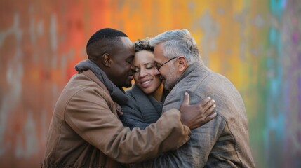 Joyful embrace among three adults of diverse backgrounds, expressing love and happiness, with vibrant blurred background, during autumn season.