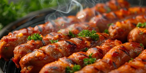 close-up photo of delicious, steaming hot grilled sausages on a white background