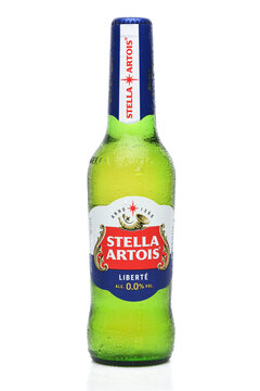IRVINE, CALIFORNIA - 23 APR 2024: A bottle of Stella Artois Liberte, an  Alcohol Free Beer, with condensation.