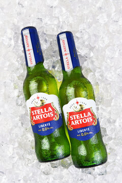IRVINE, CALIFORNIA - 23 APR 2024: Two bottles of Stella Artois Liberte, an  Alcohol Free Beer on a bed of ice.