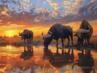 Three African buffalo are drinking from a waterhole at sunset. The sky is ablaze with color, and the water reflects the beauty of the scene.