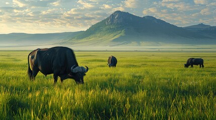 Three African buffaloes grazing in the savanna