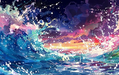 vibrant anime-style image illustration of colorful splashing water - Powered by Adobe