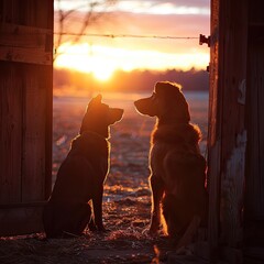 Two dogs looking at each other in front of a sunset