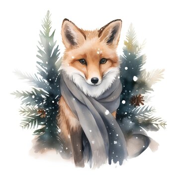 Watercolor illustration of a fox with a scarf in the winter forest.