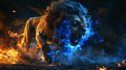 A dramatic image of a roaring lion engulfed in flames and blue electric arcs, symbolizing power and ferocity.