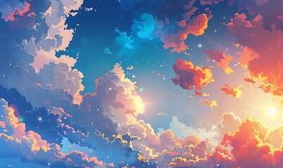 Obraz na płótnie Canvas whimsical anime-style illustration of a summer sky adorned with cumulonimbus clouds
