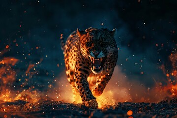 A fierce leopard charges forward amid glowing embers and sparks, its eyes focused and mouth open in a snarl. - obrazy, fototapety, plakaty