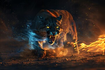 A digital artwork of a fierce mountain lion, enveloped in flames and mystical blue smoke, prowling angrily against a dark, fiery background. - obrazy, fototapety, plakaty