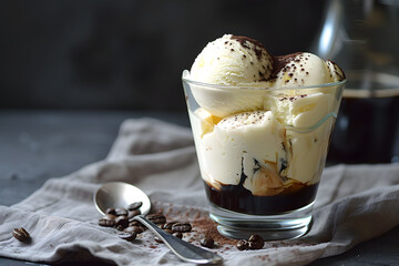 The velvety goodness of affogato: Creamy vanilla gelato in deep espresso pool.