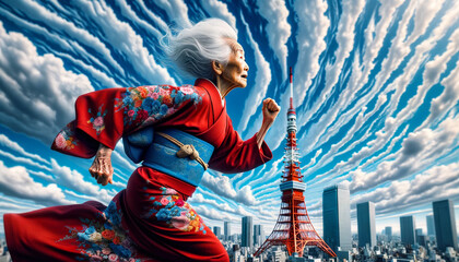 Vibrant old Japanese woman running fast in kimono.