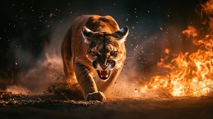 A fierce mountain lion prowls aggressively towards the viewer, with intense eyes and an open mouth amidst a backdrop of dramatic flames and glowing embers. - obrazy, fototapety, plakaty