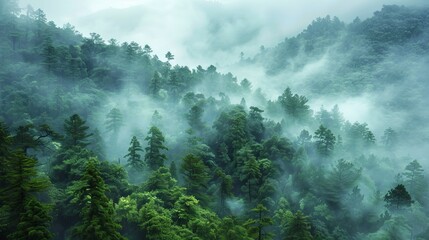 Lush green forest shrouded in mist, evoking a serene, mysterious atmosphere