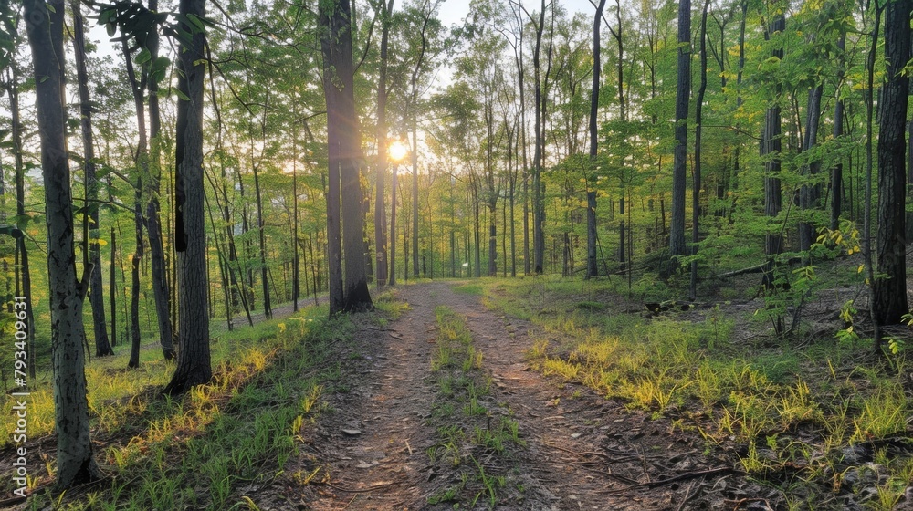 Poster the forest is just waking up with the first rays of sunlight filtering through the trees. this is th