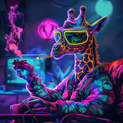 Giraffe Smoking Playing Video Games In Neon Light