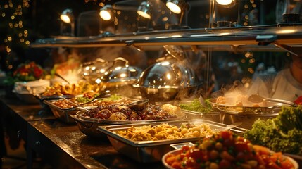There is a buffet table full of food with people behind it.