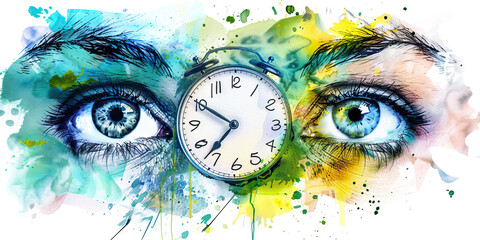 Sleep Deprivation: The Clock and Heavy Eyes - Visualize a clock ticking with heavy eyes, illustrating sleep deprivation. - obrazy, fototapety, plakaty