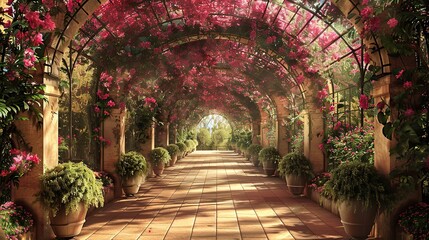 This is a picture of a garden path with pink flowers growing over a stone archway.
