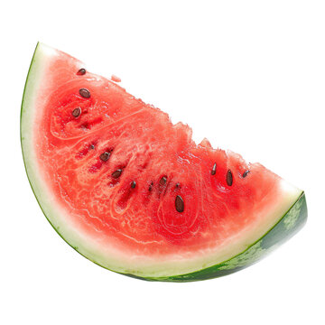 A vibrant juicy slice of ripe watermelon captured in close up detail standing alone against a transparent background