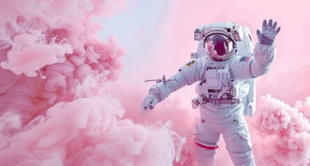 Astronaut Waving Goodbye in Surreal Pink Clouds - Sci-Fi Fantasy of Space Exploration, Ethereal Environment with Copy Space
