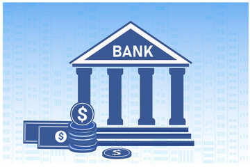 Bank building, bank financing, money exchange, financial services, ATM vector illustration