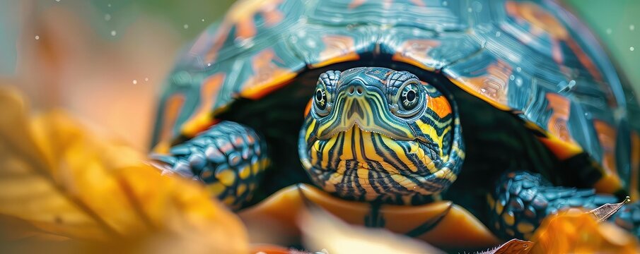 A closeup of a northern map turtle with a colorful shell and bright yellow eyes.